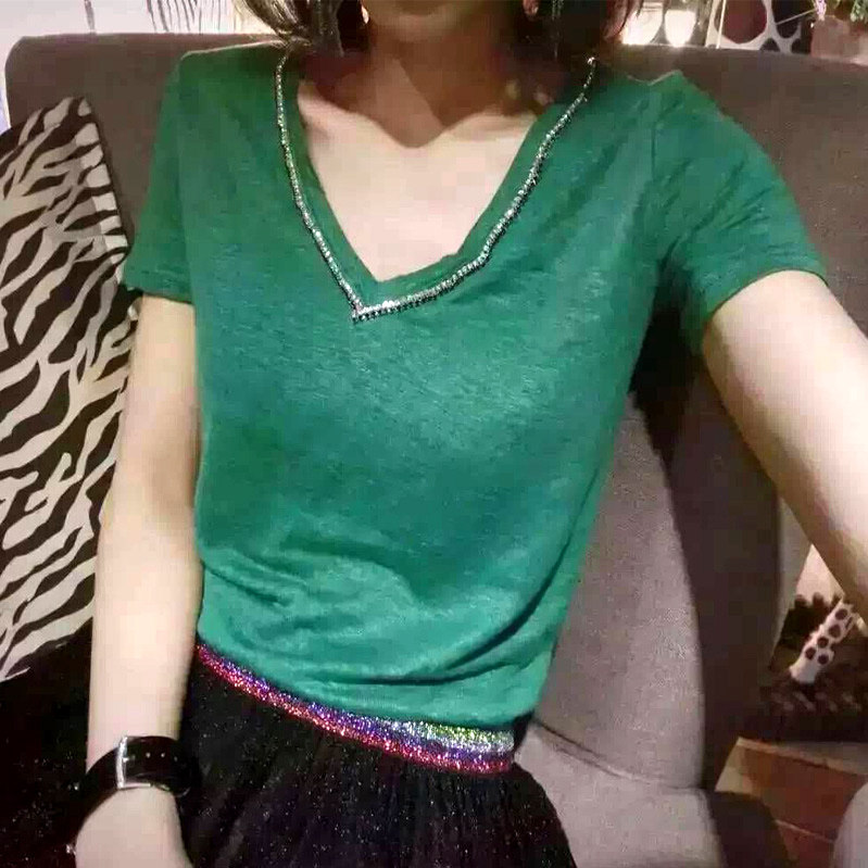 European station 2022 summer dress new slim solid color simple and thin European goods diamond-studded V-neck short-sleeved t-shirt women's top trend