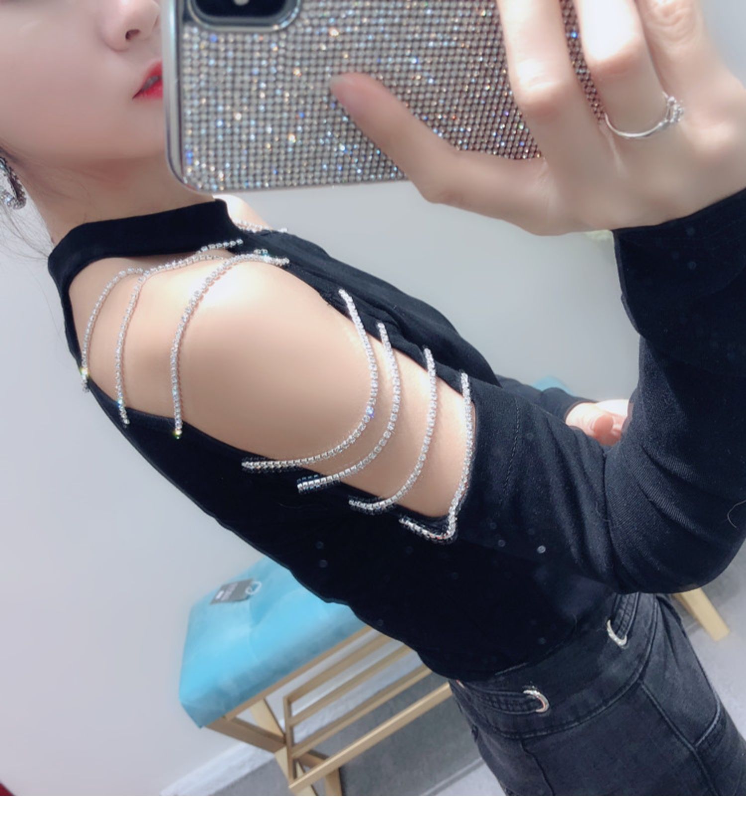 Mùa xuân 2019 và mùa thu mới của phụ nữ lệch vai rhinestone chuỗi dài tay áo thun da báo gợi cảm - Áo phông áo phông nữ dài tay