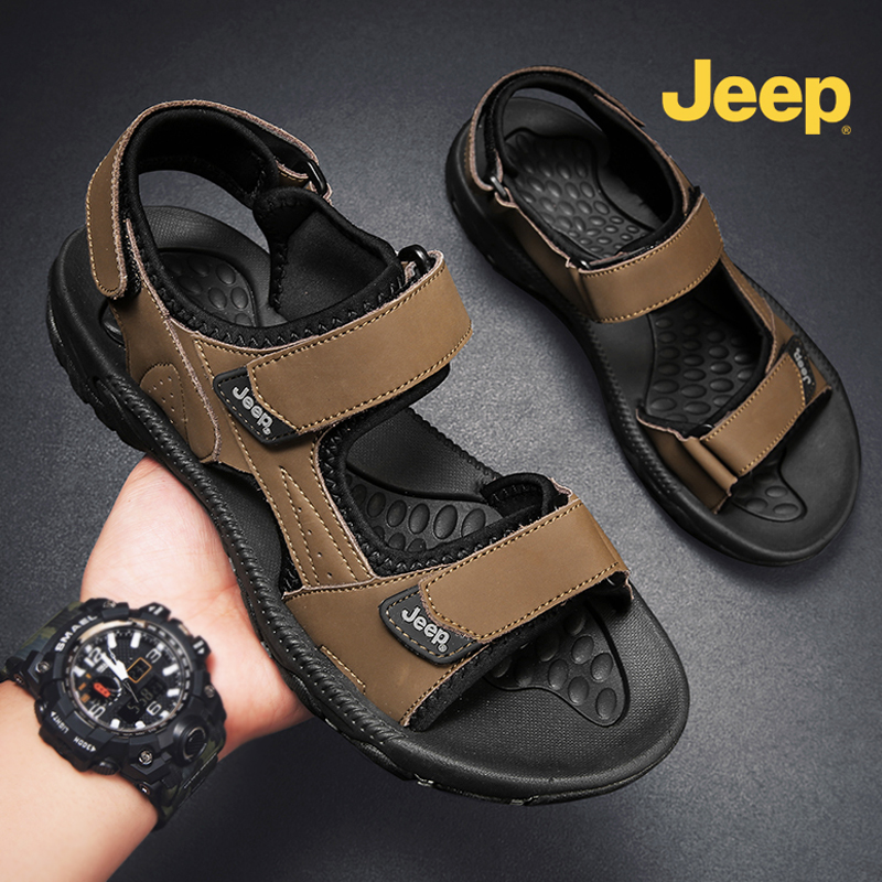jeep cow leather sandals men's leather non-slip men's beach shoes 2022 new summer outdoor soft bottoms cool tug-Taobao