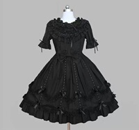 Summer Women's Black Retro Lolita Gothic Bow Decoration Puff Sleeve Short Sleeve Dress with Fungus Decoration