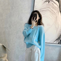 2022 New autumn and winter salt Department 100 hitch lazy advanced sensation Soft Milk Blue Sweater Women Loose to Wear Foreign Air