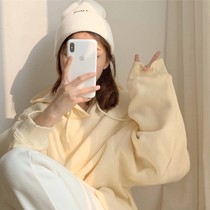 Autumn and winter 2021 New Korean oversize plus velvet hoodie female lazy cream yellow coat top