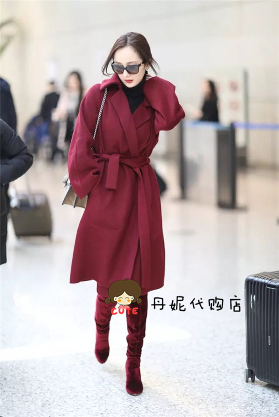 French sandro autumn and winter Yang Mi belt wine red woolen coat jacket spot