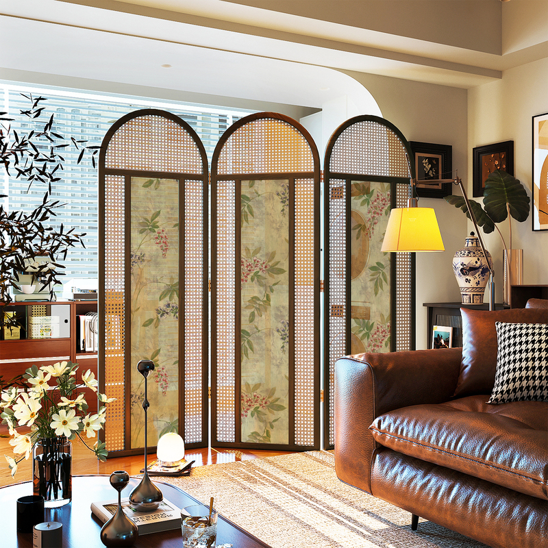 French-Style Rattan and Solid Wood Screen Partition for Living Room, Entrance, Hotel, Restaurant, Sofa Background, Folding Screen with Floral and Bird Art Decoration French-Style Rattan and Solid Wood Screen Partition for Living Room, Entrance, Hotel, Restaurant, Sofa Background, Folding Screen with Floral and Bird Art Decoration