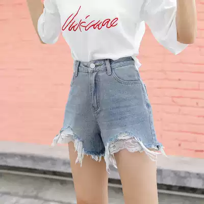 High-waisted denim shorts women's spring and summer 2021 shake sound net red with the same lace sexy thin wide-leg hot pants trend