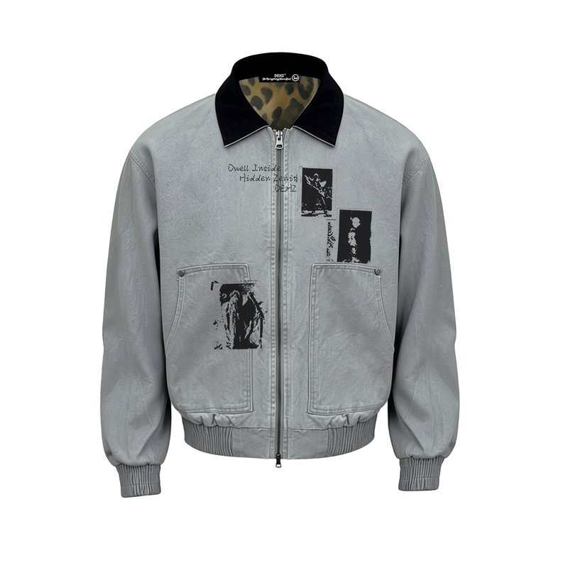 Dehz26Aw Guitarist Patchwork Direct Print Autumn Spliced Leopard Print Jacket Short Wide Lapel Washed Jacket Unisex