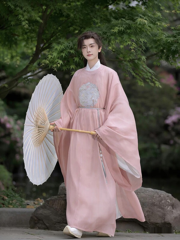 【Peach】Tang Dynasty Style Round-Neck Robe, Pink, Unisex, Spring and Summer, Embroidered, Ancient Style, Ethereal and Elegant, Traditional Costume Set