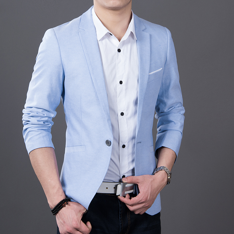 Men's Slim-Fit Casual Long-Sleeve Suit, Light Blue Blazer, Thin Jacket, Stylish and Handsome, Plus Size, for Everyday Wear