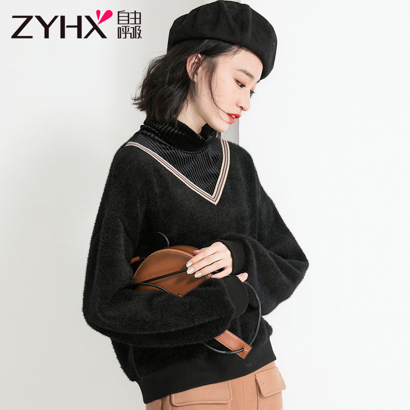 Free Suction New Fashion Casual Imitation Ferret LOOSE LONG SLEEVE KNIT KOREAN VERSION HALF HEIGHT COLLAR AUTUMN WINTER SWEATSHIRT WOMAN