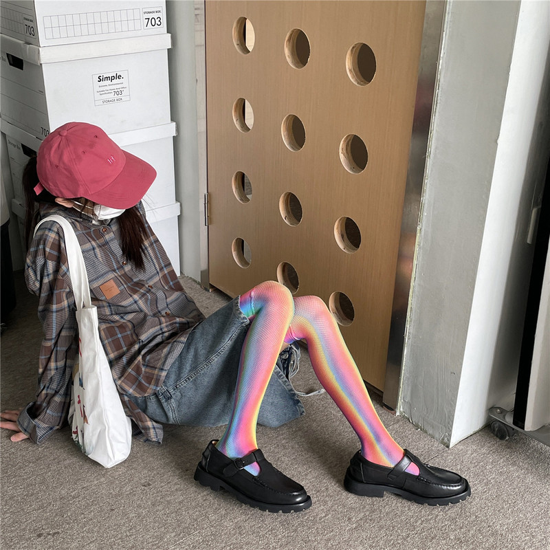 Multi-Colored Rainbow Striped Gradient High-Tube Color-Blocked Thigh-High Fishnet Stockings Colorful Millennial Hot Girl Style Y2K Knee-High Women's Socks