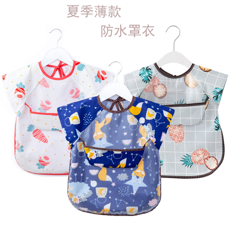 Children's bib waterproof short sleeves Anti-wear baby Eating Clothes Apron Pure Cotton Spring Summer Hood Clothes Baby bib