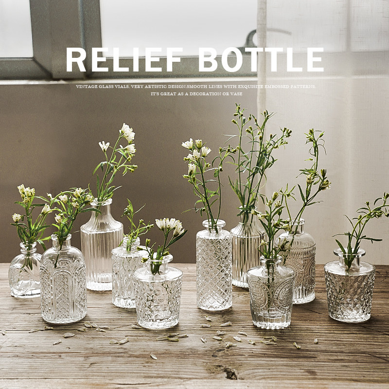 Glass Vase Style Retro Relief Transparent Living Room Flower Arrangement Decoration Photo Props Ins Photographic Background Pendulum