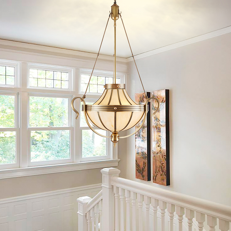 American-Style Duplex Spiral Staircase Chandelier, Villa Entrance Foyer Chandelier, European-Style All-Copper Courtyard Corridor Aisle Chandelier