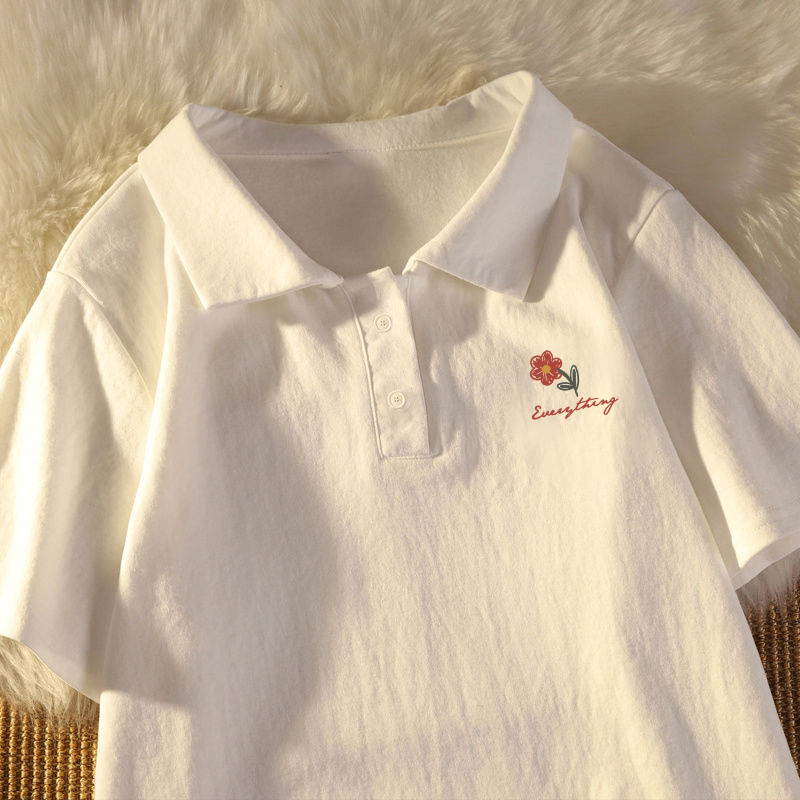 2025 Summer Loose Cotton Salt Style Polo Collar Versatile Short Sleeve T-Shirt for Women, College Style White Trendy Top ins