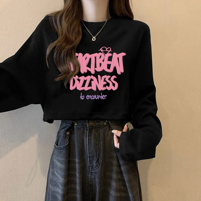 Spring and Autumn New Style Black Long-Sleeved T-Shirt, Women's Korean Version, Loose Fit, High-Waisted, Slimming, Cropped Top ins Trendy Spring and Autumn New Style Black Long-Sleeved T-Shirt, Women's Korean Version, Loose Fit, High-Waisted, Slimming, Cropped Top ins Trendy
