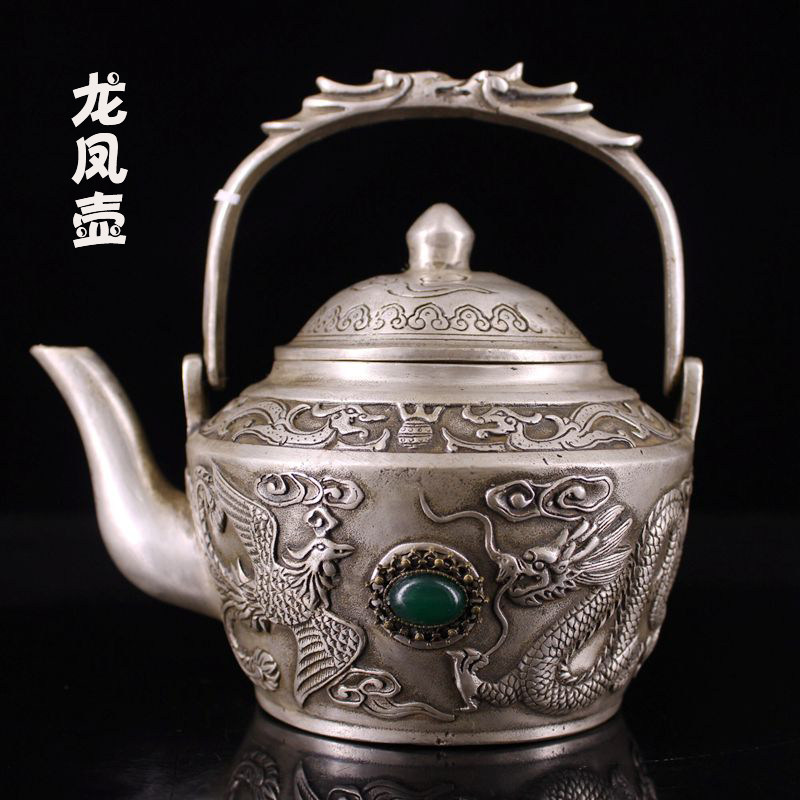 Antique pure copper personality creative inlaid gem white copper dragon phoenix teapot kettle hip flask home tea table desk ornaments