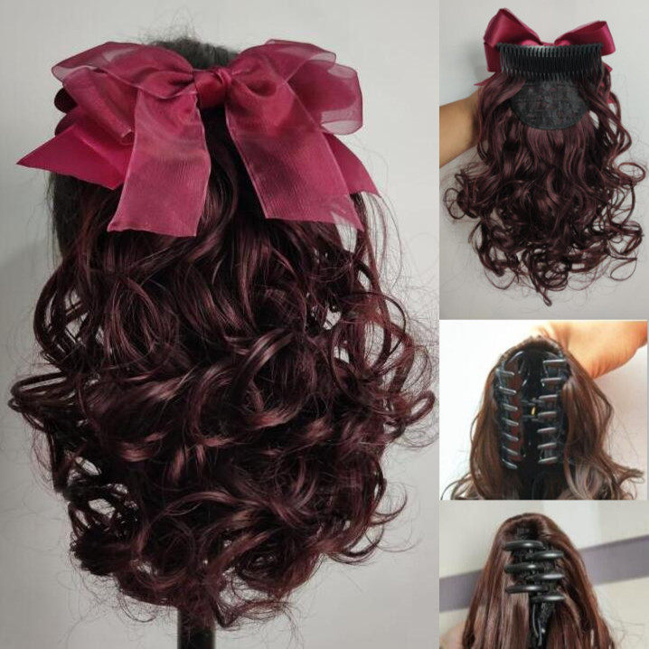 Wig ponytail butterfly knot short scroll ponytail inserts comb style natural rolls grip clip strap style curly hair woman big wave