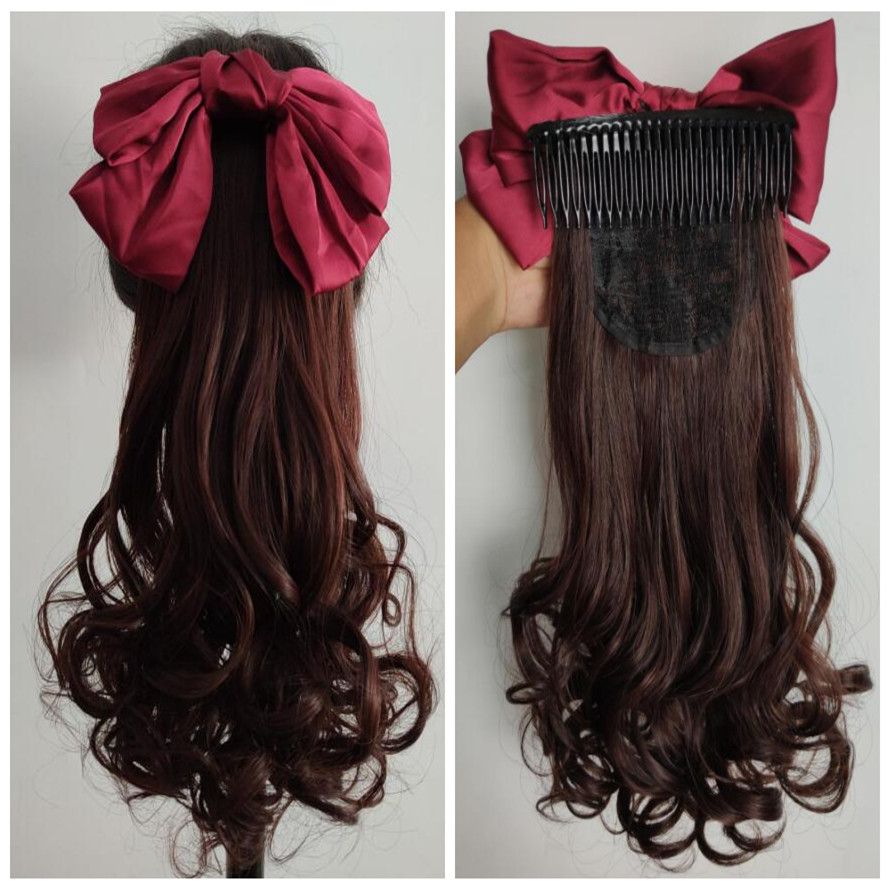 New ponytail wig women's bow long curly hair slip comb natural roll net red water ripple clip clip ponytail strap