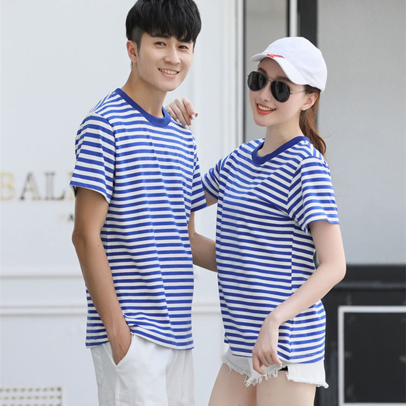 Summer Sailor Shirt for Women, Short-Sleeved Pure Cotton T-Shirt, Blue and White Striped Unisex Couple Outfit, Sailor Uniform, Performance Costume, Class Uniform, Summer