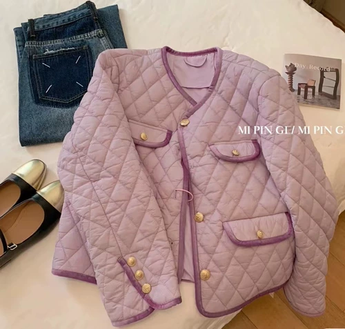 Сиреневый пуховик, демисезонная стеганая куртка, в стиле Шанель, французский стиль