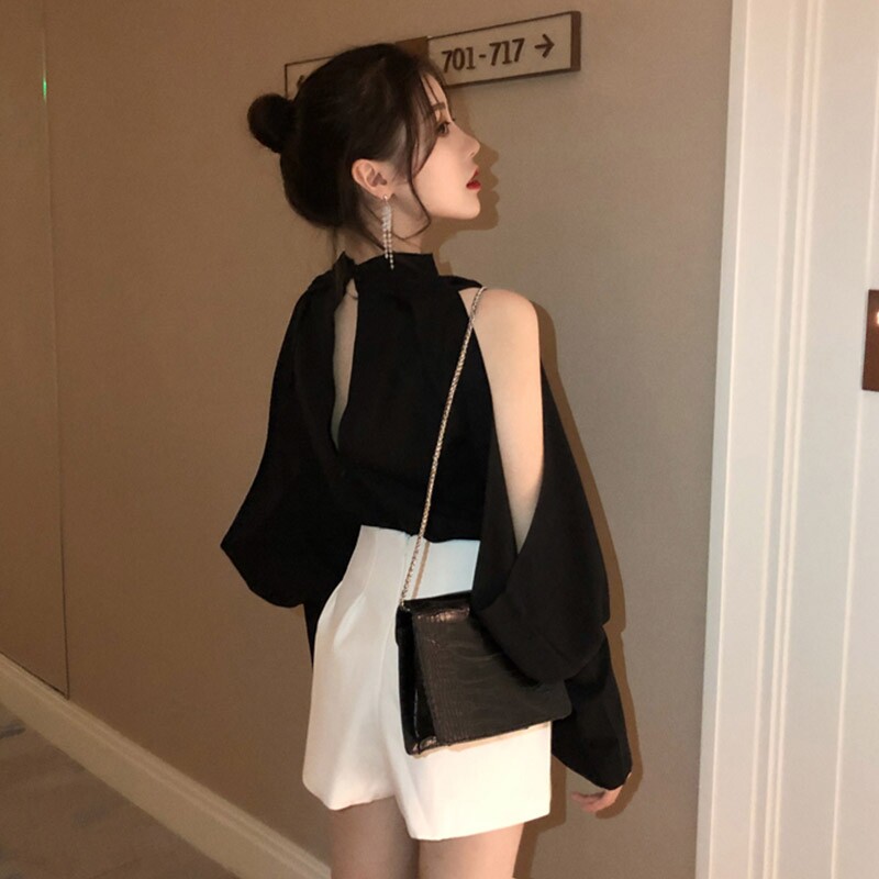 Autumn and winter sexy strapless foreign style hanging neck v-neck chiffon shirt high waist lantern shorts two-piece suit French niche
