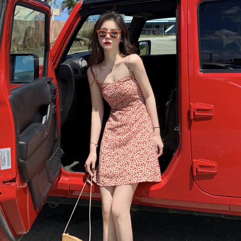 A-line skirt Xia Xuan Yafeng ins super fairy sexy retro sling floral small temperament dress goddess fan