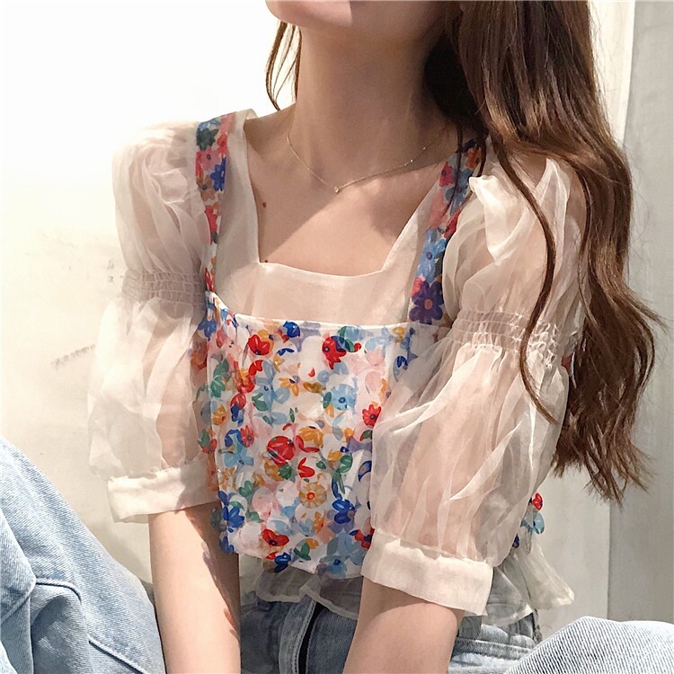 Hyuna retro bubble short-sleeved t-shirt women's sunscreen top slim-fit navel-colored flower outer wear suspenders layered wear summer