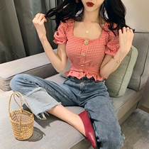 2022 Summer pure desire sexy ultra-foreign air pure desire to collect waist machine design feeling small crowdblouse Plaid Shirt Woman