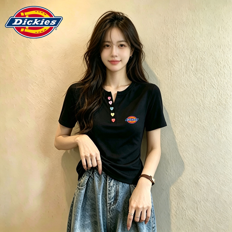 Dickies Black Short-Sleeved T-Shirt for Women, Cotton, 2026 Summer New Style, Henry Collar, Regular Shoulder Top, Commuter Style, Korean Version
