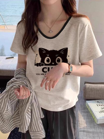 纯棉v领正肩短袖t恤女2024新款爆款夏季大码微胖mm显瘦遮肚子上衣