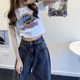 American sweet and spicy top summer right shoulder high waist short sleeve t-shirt for women 2026 new pure cotton short design niche
