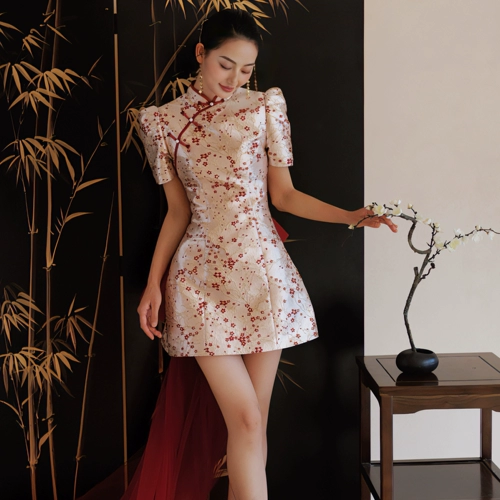 Оригинальное короткое ципао с бантиком для невесты, свадебное платье, вечернее платье, китайский стиль