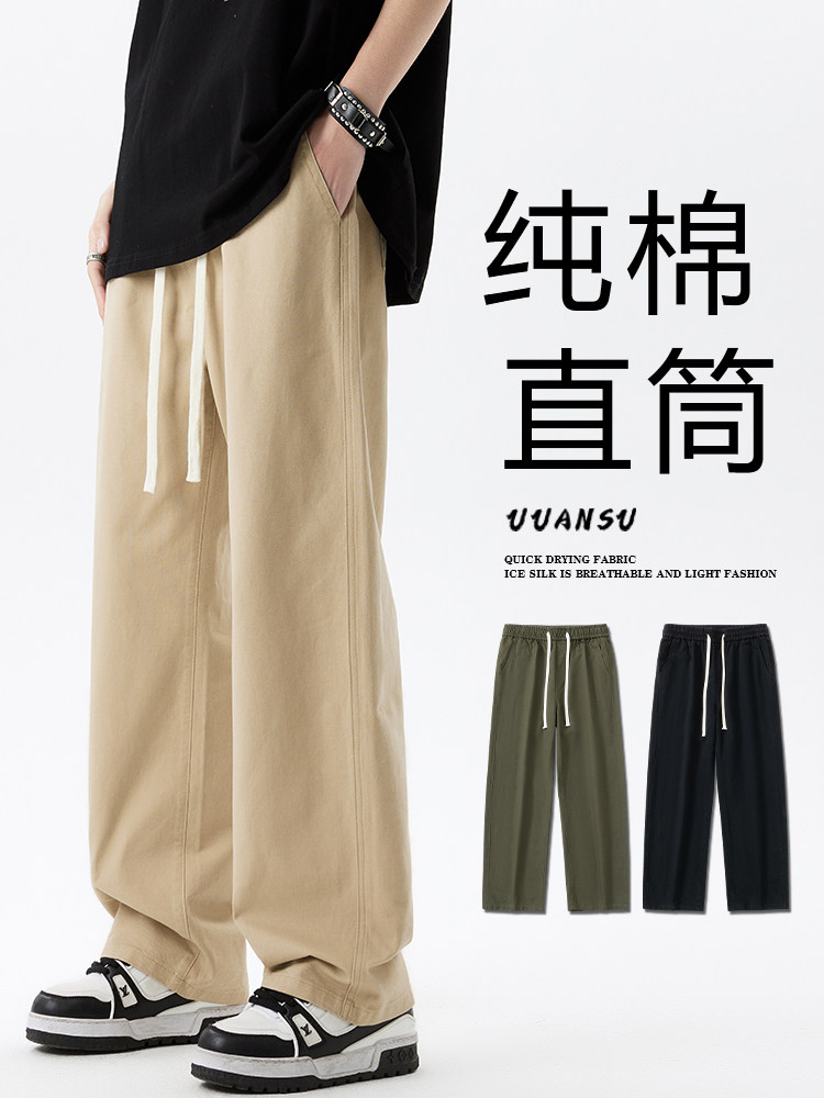 Men's 100% Cotton Straight-Leg Cargo Pants - Breathable Khaki Trousers, Relaxed Fit Casual Pants for Spring & Summer