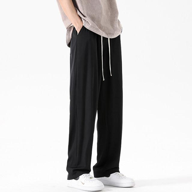 Drapey Ice Silk Pants Men's Summer Women's Pants ສີດໍາບາງໆ Pants Loose Straight Floor-Mopping Versatile Casual Pants