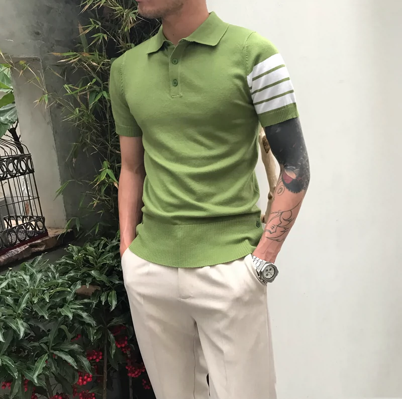 Tb vài mô hình ngắn tay áo len Hàn Quốc phiên bản của ve áo TB dòng ba thanh Slim polo áo triều nửa tay T-Shirt