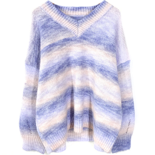 ເສື້ອເຊີດລາຍແບບ Dopamine gradient ສະຖານີເອີຣົບ ins style ວ່າງແລະກະທັດຮັດຄໍ v-sleeve hollow knitted top ສໍາລັບແມ່ຍິງ
