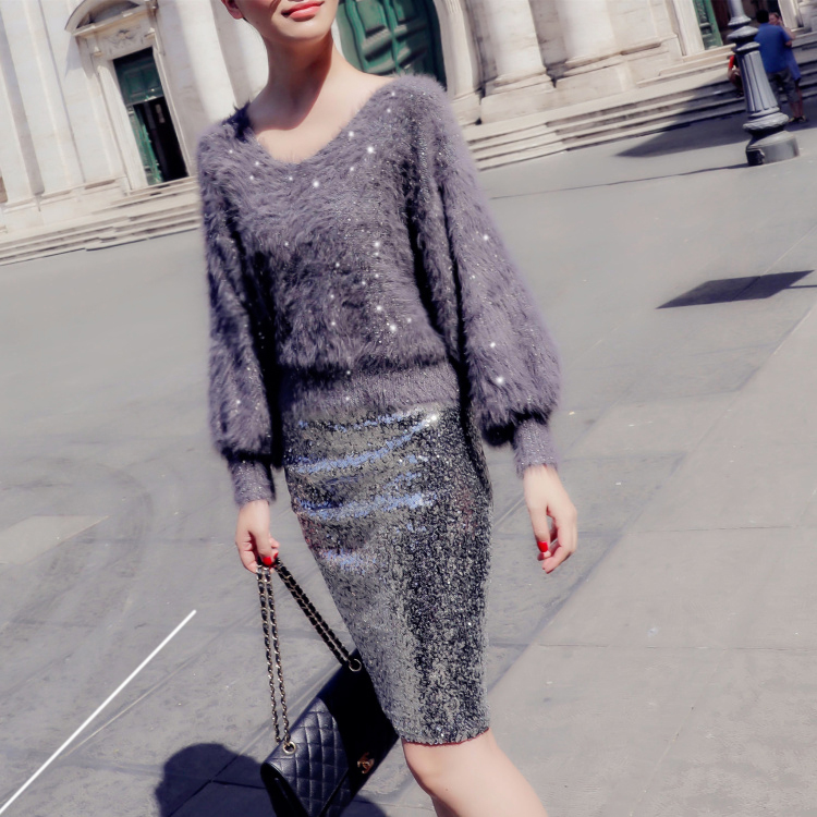 2018 sang trọng sequins mới ins siêu lửa thanh lịch nữ thần v- cổ đèn lồng tay áo áo len giả nhung áo len dày áo len nữ form rộng