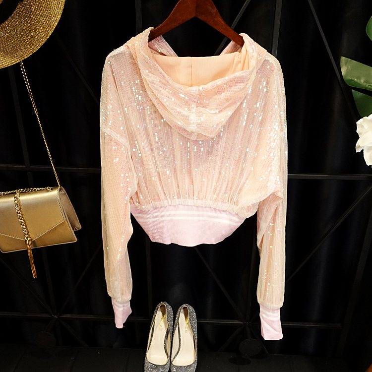 Slim! 2018 trạm Châu Âu blingbling nữ thần mới sequins sáng bóng kem chống nắng dây kéo trùm đầu áo ngắn áo lông vũ