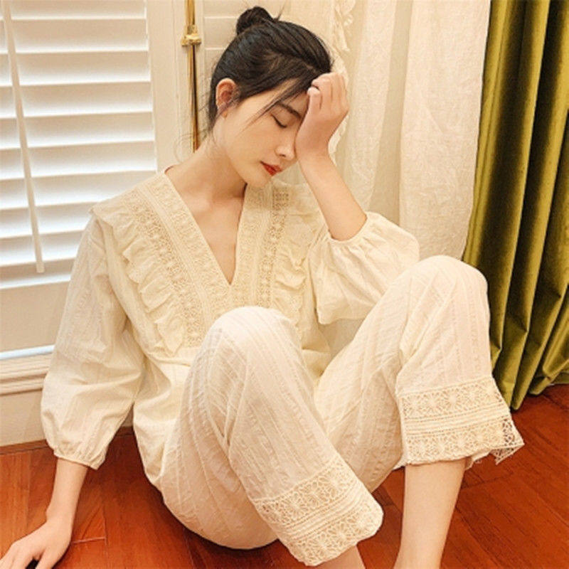 Palace pyjamas women's spring and autumn Korean version pure cotton sweet outside wearing autumn and winter princess wind full cotton side home clothes two sets-Taobao
