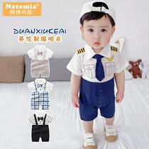 Summer baby clothes gentleman Inlenghan Baise full moon male baby conjoined short sleeves age grab week gown