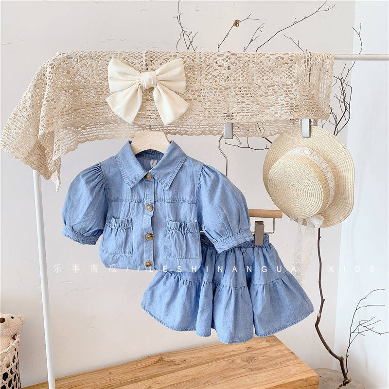 Girls' ultra-thin denim suit 2021 new baby girl summer two-piece children's summer short-sleeved skirt