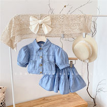 Girls ultra-thin denim suit 2021 new female baby summer two-piece childrens summer short-sleeved skirt