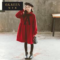 Spring and Autumn Girls Loose Dress Lapel Shirt Dress Big Boy Red Girl Childrens Wear Princess Dress
