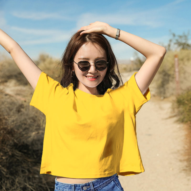 Pure cotton short-style blouses women's spring and autumn dew navel T-shirt short sleeve loose Korean version ins short summer women's clothing 2022 new