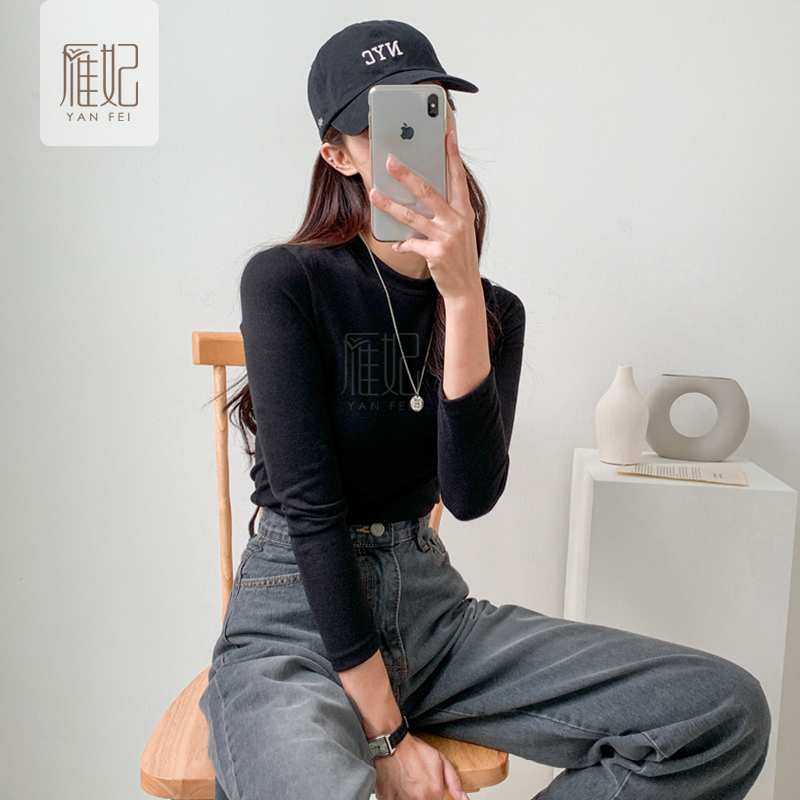 New pure cotton black undershirt woman autumn and winter 100 lap fashion good looking 2019 foreign autumn long sleeve lap high collar