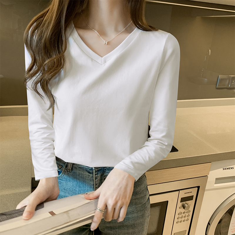 V-Neck T-Shirt for Women, Long-Sleeved, Loose-Fitting, ins Top, Solid Color, Cotton, White, Thermal Base Layer, Stylish for Spring and Autumn