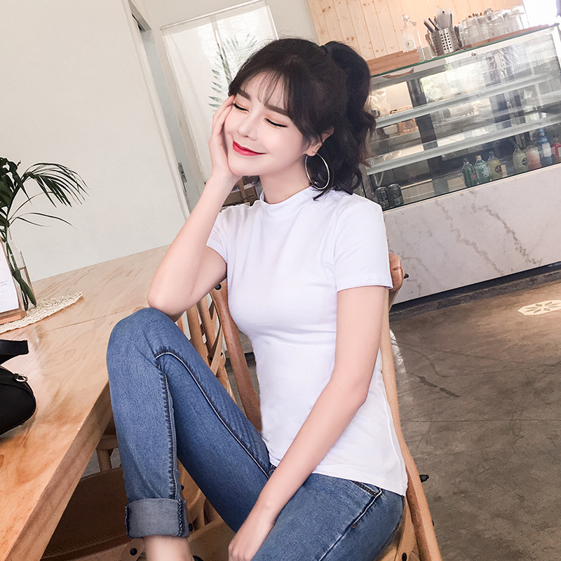 2019 new pure cotton semi-high collar short sleeve white T-shirt woman Skinder skinny skinny blouse T-shirt