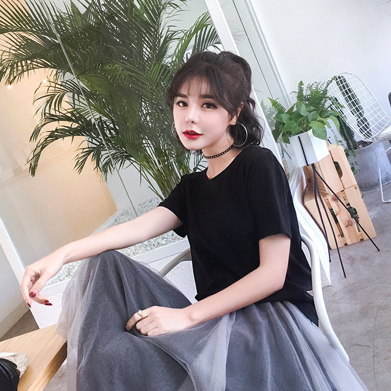 Pure cotton black T-shirt female relaxation brief about 100 hitch short sleeve Han Fan 2019 new women's dress Summer half sleeve white blouse