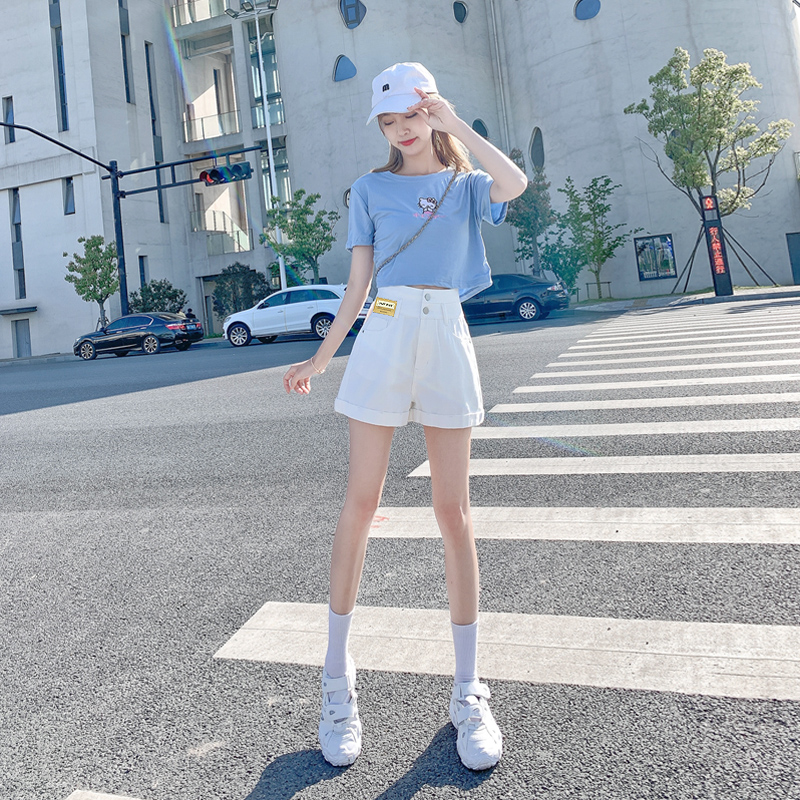 High waist loose broadleg denim shorts female summer thin net red small sub white a letdown curl curl hot pants