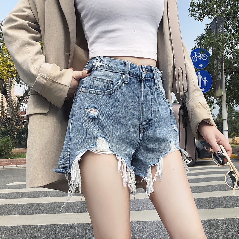 High waist loose Hyuna denim shorts women's summer net red with the same light-colored rotten holes show thin wild hot pants tide